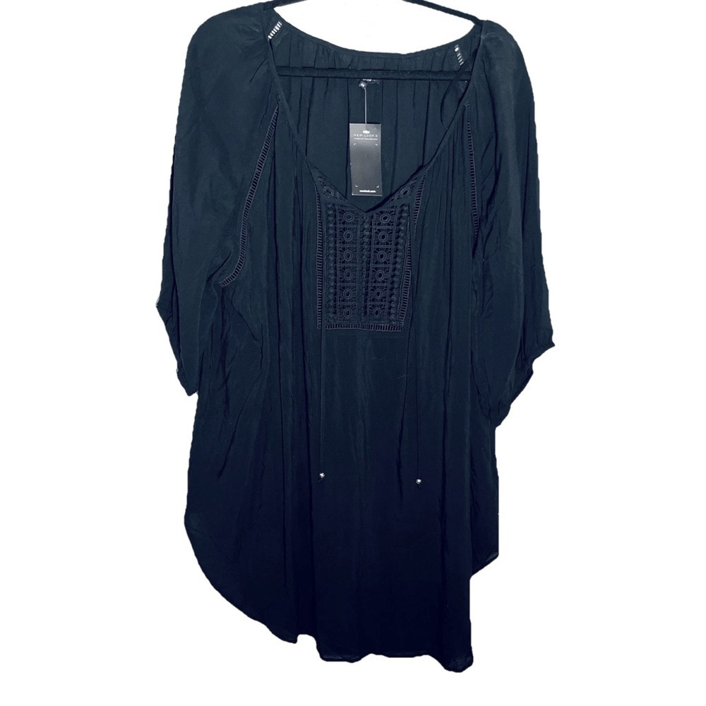Women's Black Boho Tunic Top with Crochet Detail